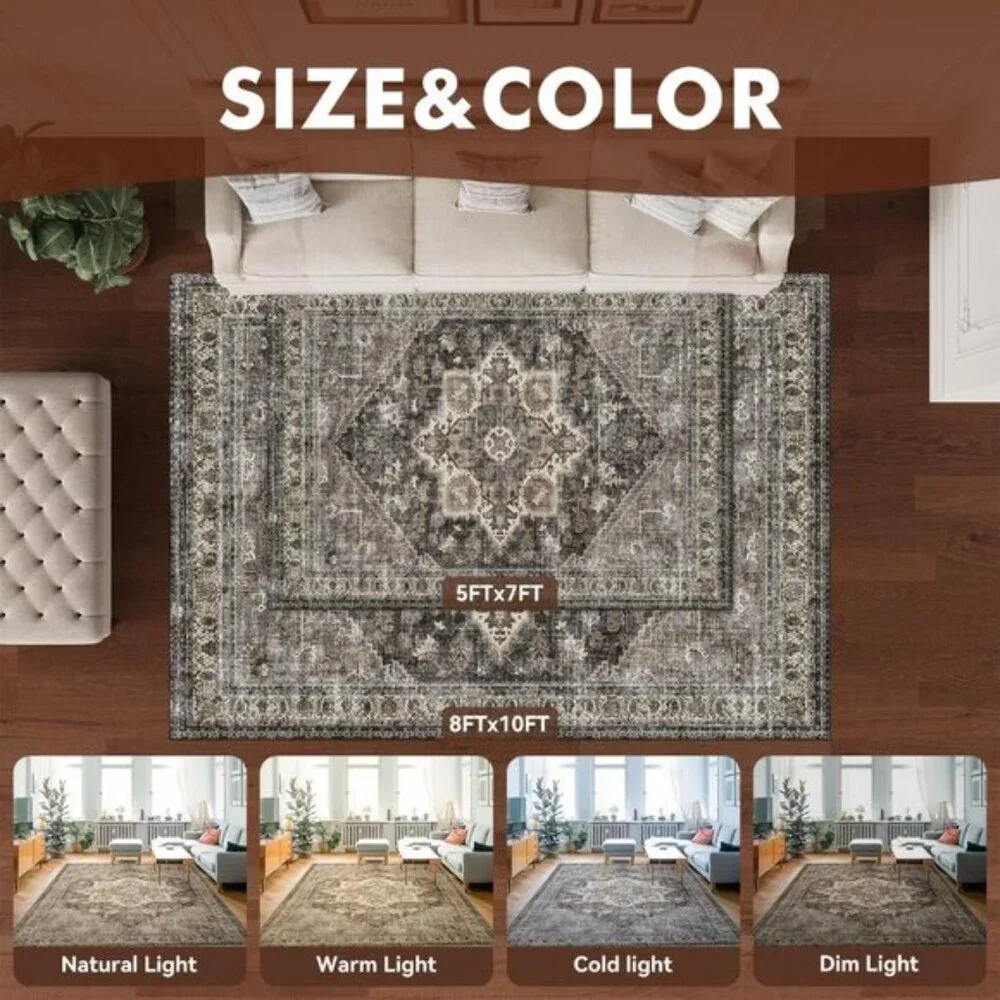 New 5x7 Brown Area Rug, Washable Vintage Floral Non-Slip Carpet for Room Decor